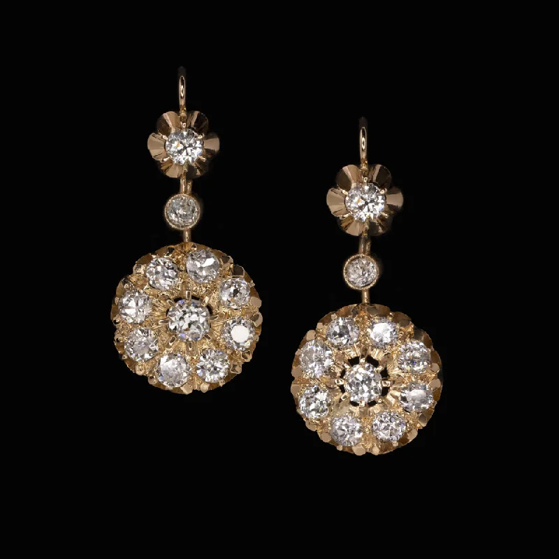 Designer Earrings For Special Occasions-VICTORIAN DIAMOND DANGLE EARRINGS 4ct ANTIQUE OLD MINE CUT 18k GOLD CLUSTER DROP