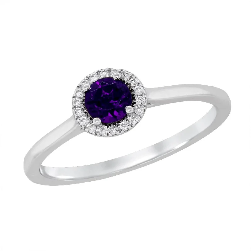 Personalized Name Rings-WHITE GOLD AMETHYST RING WITH DIAMOND HALO, .05 CT TW