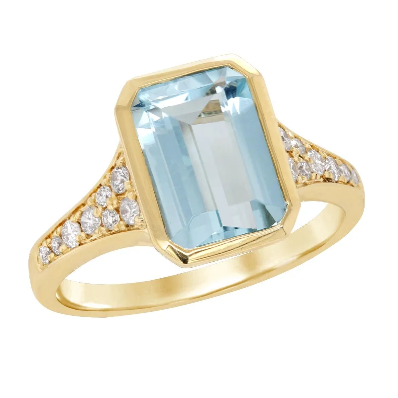 Vintage-Inspired Wedding Bands For Couples-EMERALD CUT AQUAMARINE RING WITH SIDE DIAMONDS, .20 CT TW