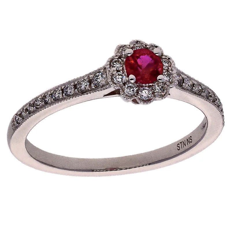 Unique Handmade Rings For Gifting-14K White Gold Round Ruby and Diamonds Fashion Ring