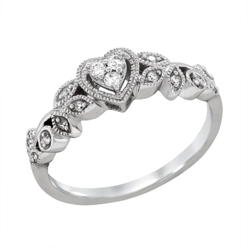 Minimalist Stackable Rings For Stylish Layering-WHITE GOLD HEART RING WITH DIAMONDS AND MILGRAIN TEXTURING, 1/8 CT TW