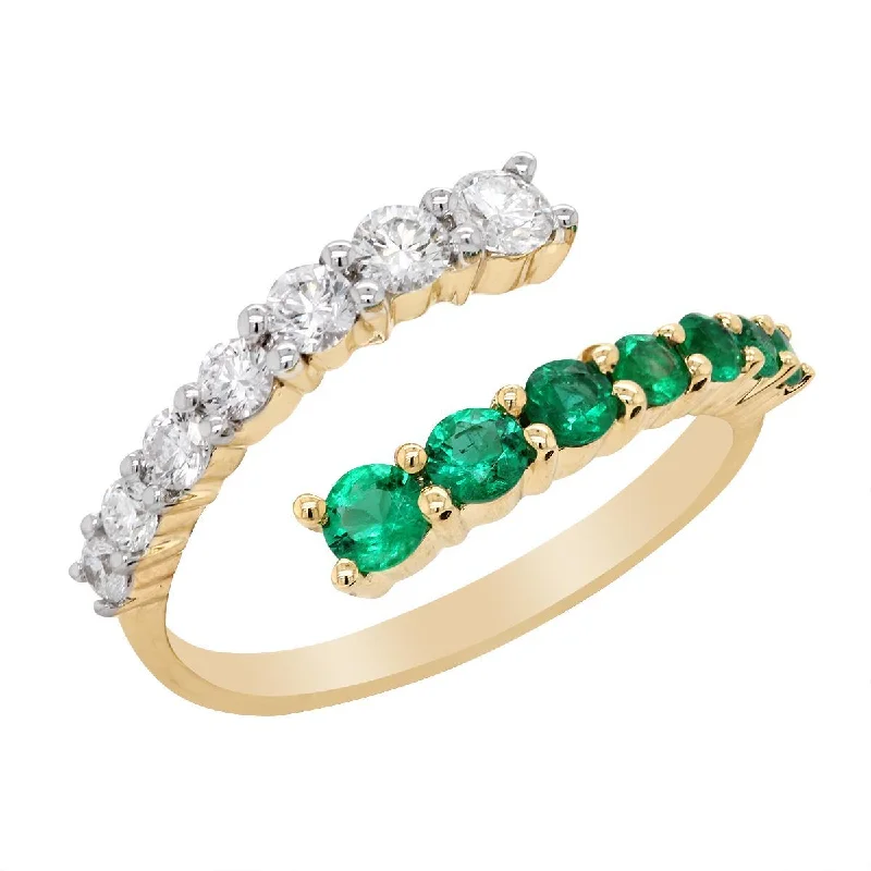 Vintage Engagement Rings For Romantic Look-YELLOW GOLD BYPASS STYLE FASHION RING WITH EMERALDS AND DIAMONDS, .56 CT TW