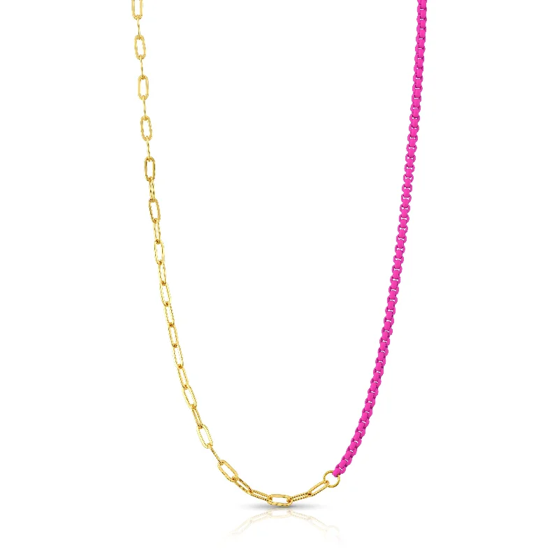 Artistic Necklaces For Creative Souls-HALF & HALF ENAMEL PAPERCLIP NECKLACE, NEON PINK