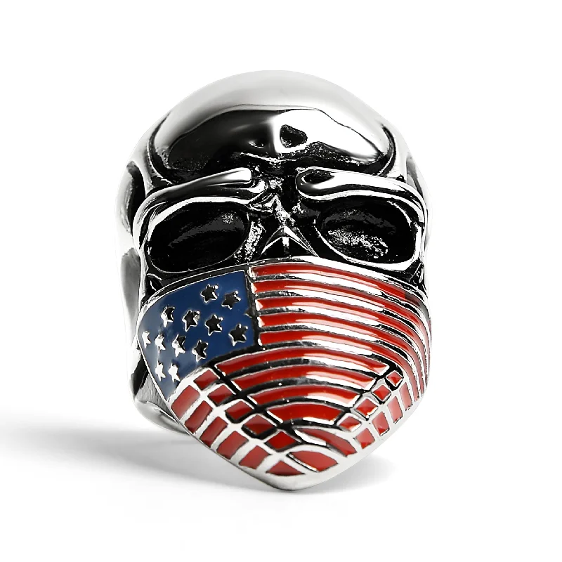 Luxury Custom Wedding Bands For Brides-Stainless Steel USA American Flag Covered Skull Ring / SCR4105