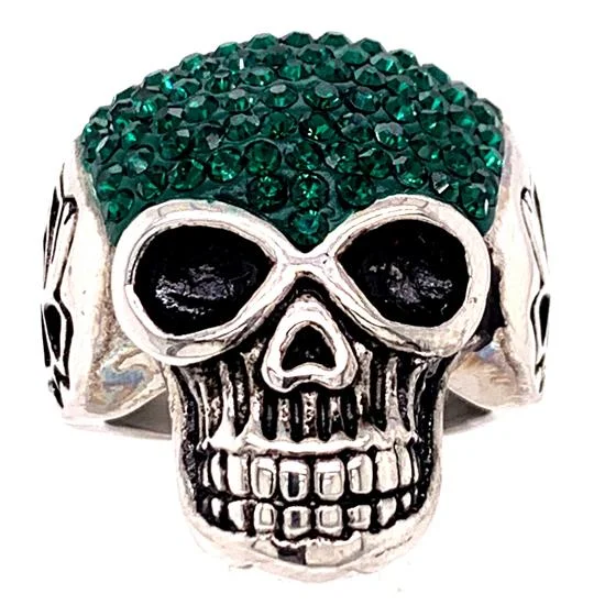 Personalized Name Rings For Customized Gifts-Skull With Tiny Green Accent CZ Stones Stainless Steel Ring / SCR3103