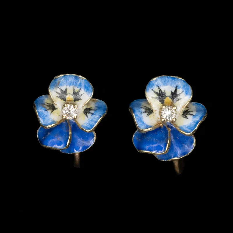 Pearls Earrings For Formal Events-ART NOUVEAU FLOWER EARRINGS DIAMOND 14k YELLOW GOLD BLUE WHITE ENAMEL PANSY