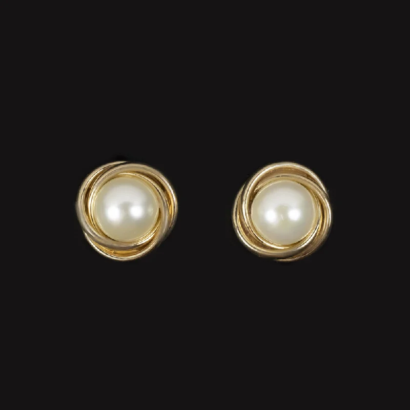 Fancy Pearl Earrings For Special Events-PEARL STUD EARRINGS 14k YELLOW GOLD TWIST CLASSIC ROUND WHITE ANNIVERSARY GIFT