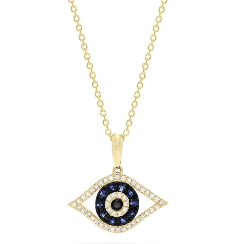 Simple Layered Necklaces For Casual Chic-14K Yellow Gold Sapphire & Diamond Evil Eye Pendant