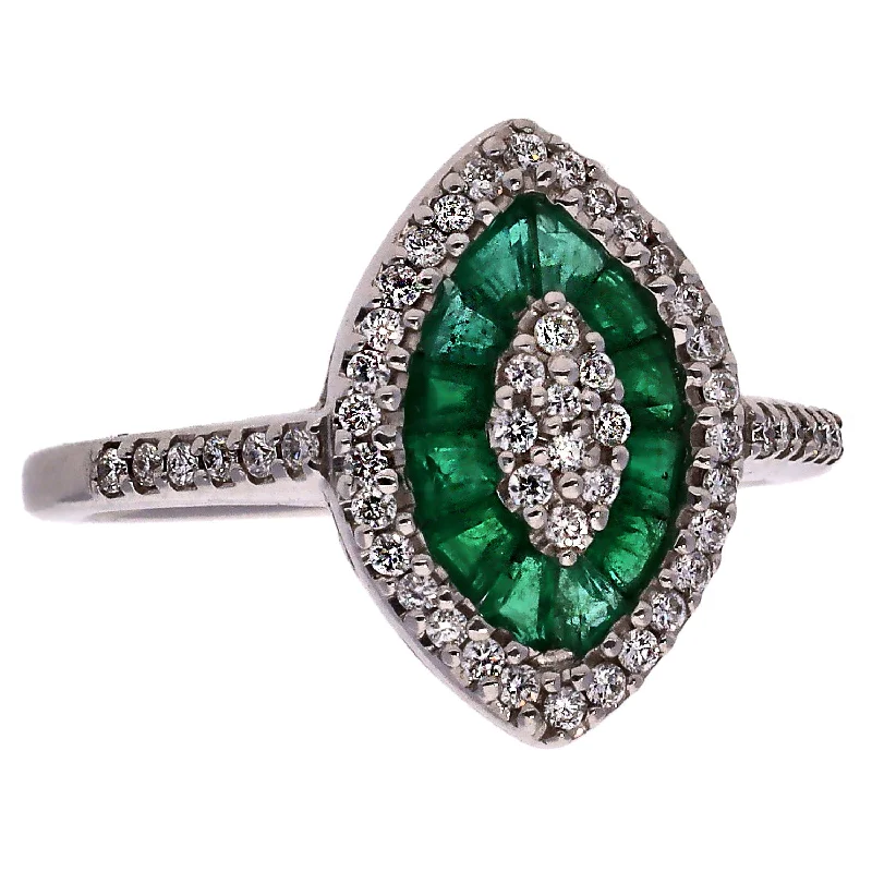 Custom Ring Sets For Couples-14K White Gold Emerald and Diamond Marquise Shaped Ring