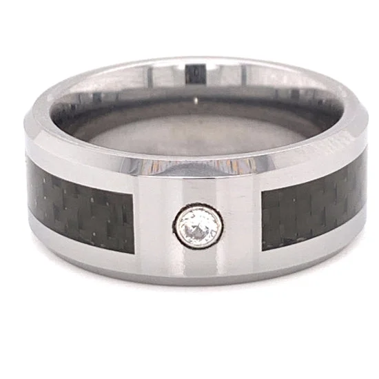 Beautiful Titanium Rings For Simple Style-Black Fiber Center With Clear CZ Stone Tungsten Comfort Fit Ring / TGR1013