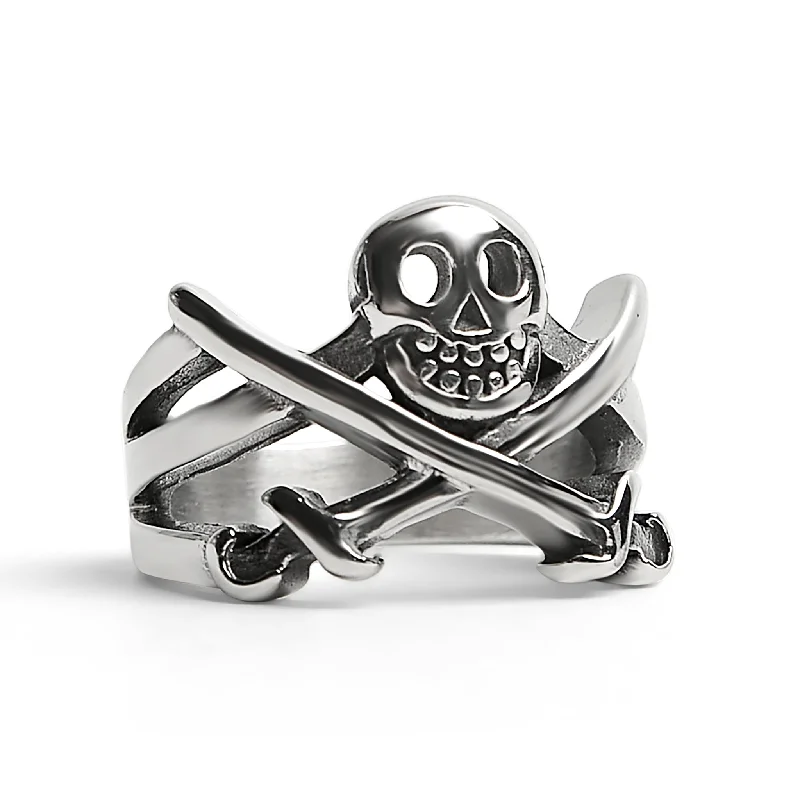 Elegant Wedding Bands For Men-Stainless Steel Pirate Jolly Roger Skull With Crossed Swords Ring / SCR4095