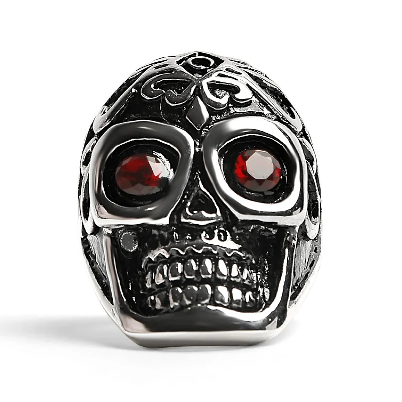 Custom Ring Sets For Couples-Detailed Skull With Red CZ Eyes Stainless Steel Polished Ring / SCR3039