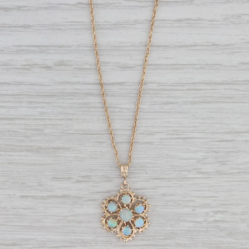 Romantic Pendant Necklaces For Lovers-Opal Flower Pendant Necklace 14k Yellow Gold 18" Rope Chain