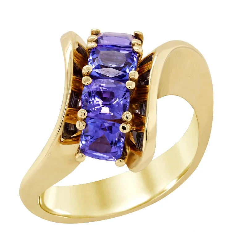 Affordable Wedding Rings For Couples-YELLOW GOLD BYPASS RING WITH TANZANITE