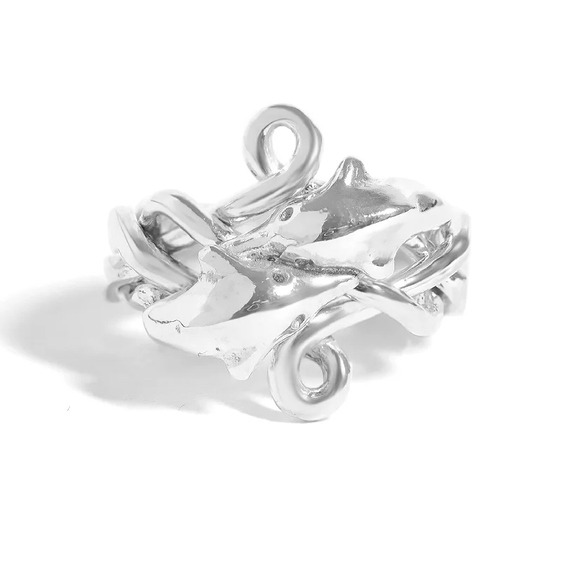 Trendy Stackable Rings For Fashionistas-Sterling Silver Braided Dolphin Ring / SSR0153