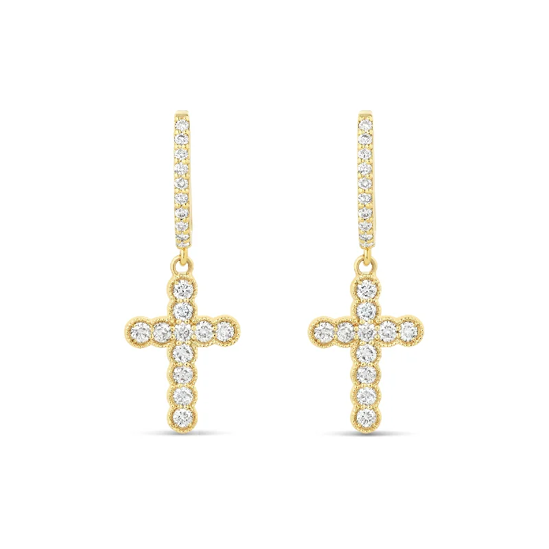 Crystal Earrings For Glamorous Night Events-14k Gold Cross Diamond Huggie Earrings