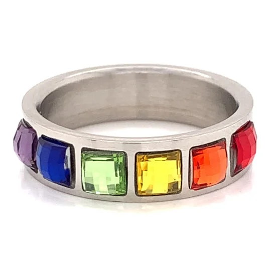 Vintage-Inspired Wedding Bands For Couples-Full Bezel Rainbow CZ Stainless Steel Ring / RRJ2672