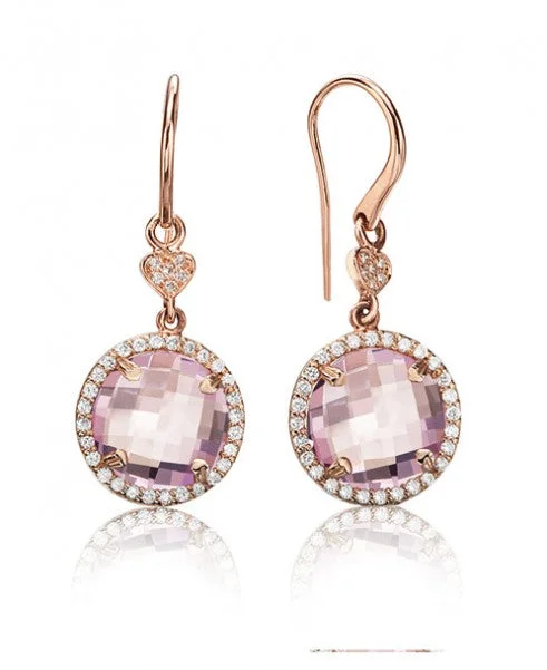 Crystal Stud Earrings For Women-Rose quartz round drop earrings with diamonds 353-JSA