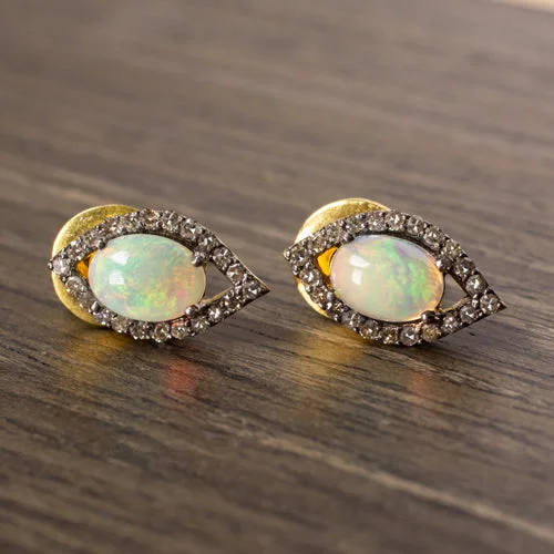 Affordable Diamond Earrings-NATURAL OPAL DIAMONDS HALO STUD EARRINGS MARQUISE SHAPE SEEING EYE RUSTIC BOHO