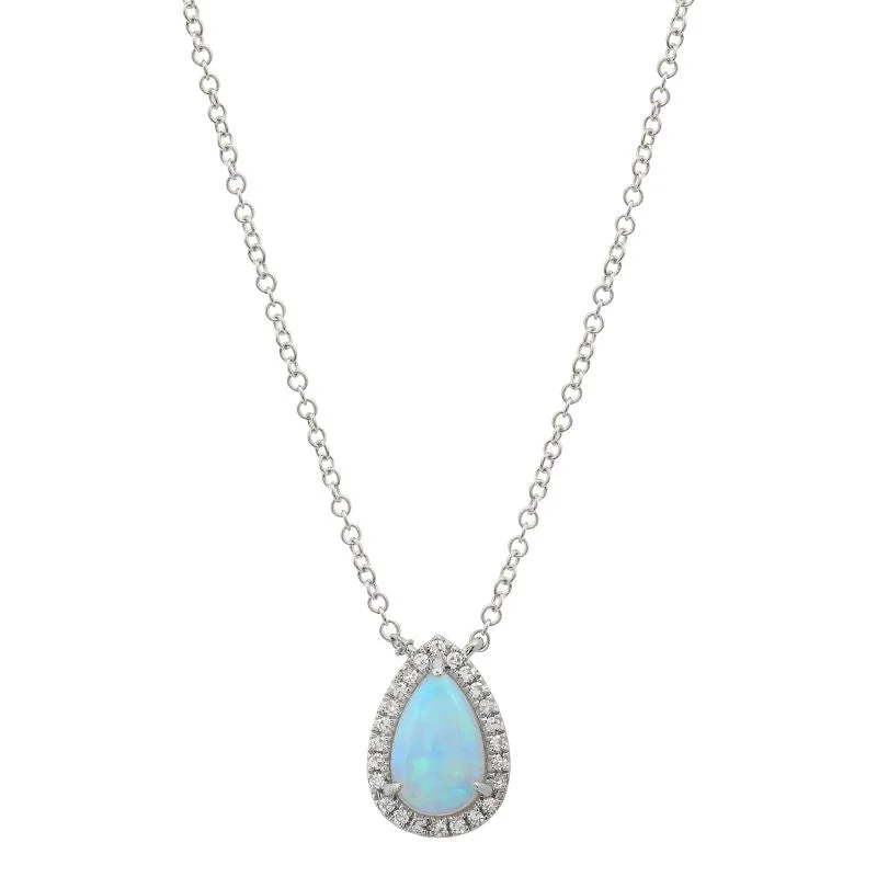 Sparkly Necklaces For Evening Parties-14k White Gold Diamond and Opal Necklace