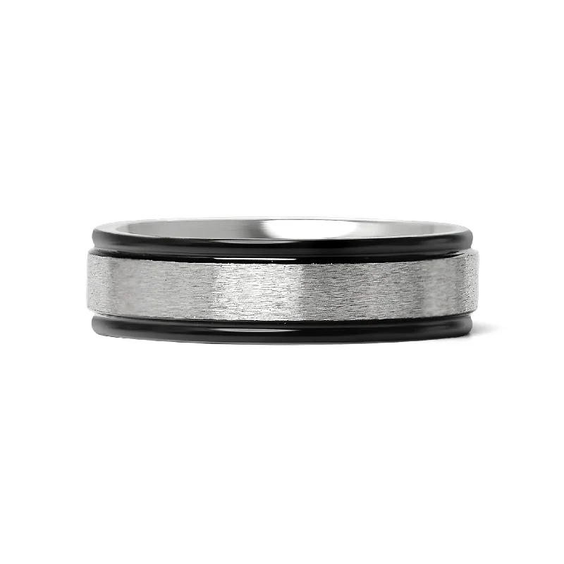 Dainty Rings For Minimalist Look-Black trim Brushed Center Stainless Steel Blank Ring / CFR2929