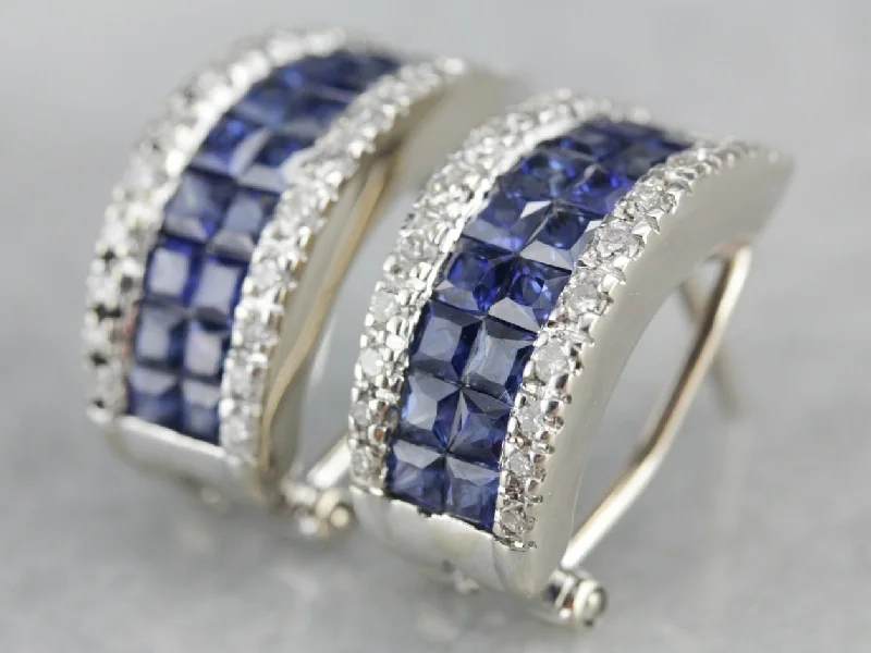 Beautiful Stud Earrings For Weddings-Half Hoop Sapphire and Diamond Earrings