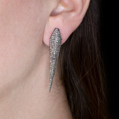 Chunky Earrings For Street Fashion-PAVE 2.5ct NATURAL DIAMOND EARRINGS LONG SPIKE SHIELD SHAPE MODERN GEO STATEMENT