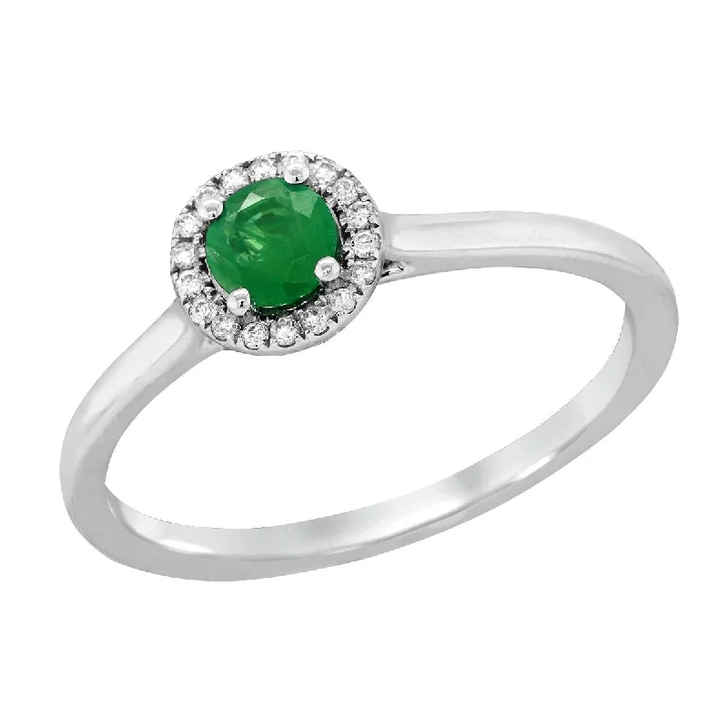 Elegant Cocktail Rings For Special Events-WHITE GOLD EMERALD RING WITH DIAMOND HALO, .05 CT TW