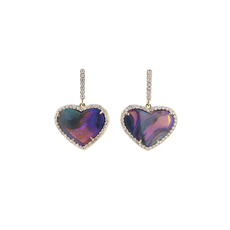 Antique Earrings For Collectors-Purple Boulder Opal Heart Earrings in 14k Gold and Diamond Setting SEG00043