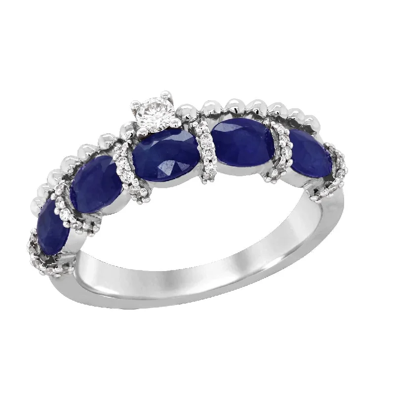 Simple Gold Rings For Classic Look-WHITE GOLD RING WITH OVAL SAPPHIRES AND SIDE DIAMONDS