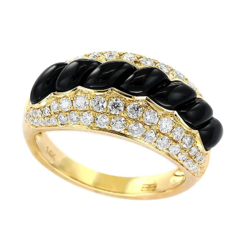 Unique Handmade Rings For Gifting-YELLOW GOLD FASHION RING WITH BLACK ONYX AND SIDE DIAMONDS, 1.00 CT TW