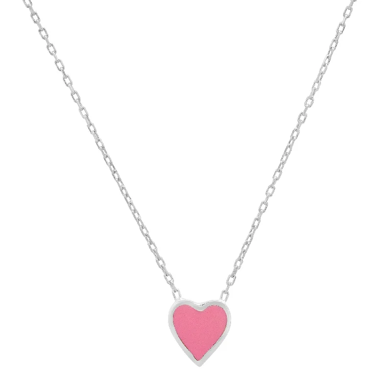 Sparkling Crystal Necklaces For Party Wear-PINK HEART ENAMEL NECKLACE SILVER