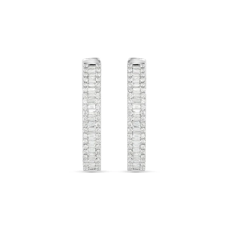 Boho Style Earrings For Women-14K White Gold Baguette Diamond Hoop Earrings