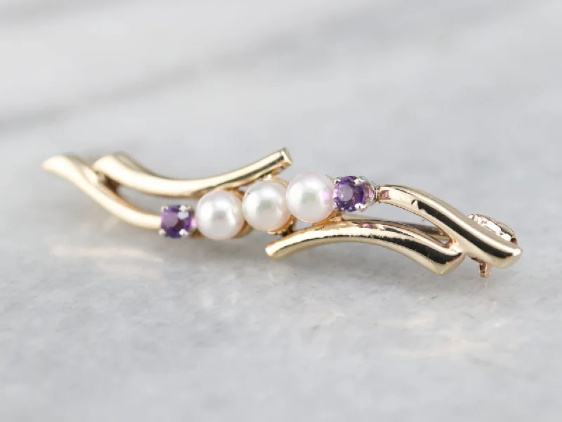 Gold Brooch For Special Wear-Vintage Pearl and Amethyst Brooch