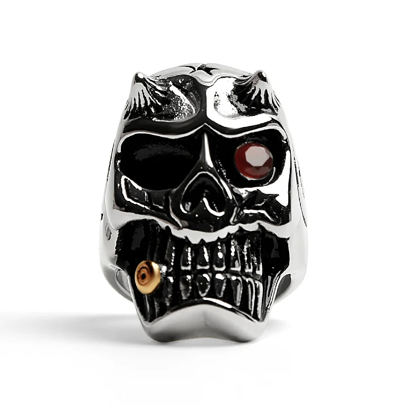 Personalized Couple Rings For Love-Stainless Steel Devil Skull With Red CZ Eye Smoking 18K Gold PVD Coated Cigar Ring / SCR4084