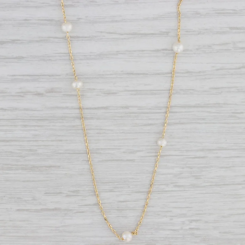 Long Gold Necklaces For Bold Style-Cultured Pearl Station Necklace 14k Yellow Gold 16.25” Cable Chain