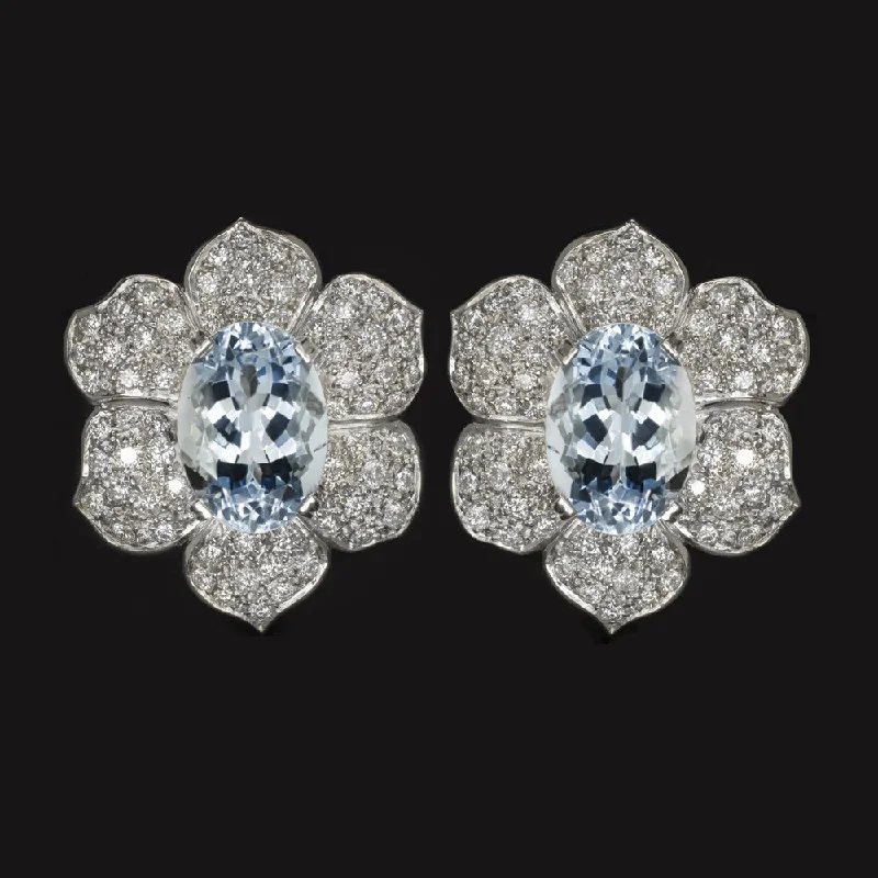 Fashionable Earrings For Prom-14.38ct AQUAMARINE DIAMOND STUD EARRINGS PLATINUM CERTIFIED FLOWER OVAL SHAPE