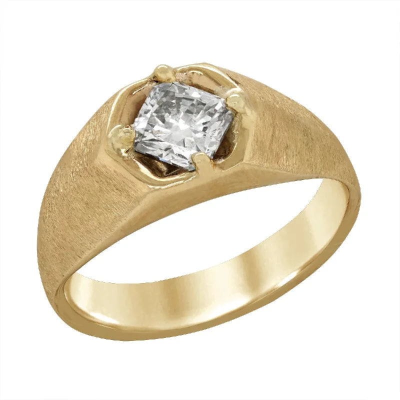 Personalized Name Rings-YELLOW GOLD MENS RING WITH TEXTURED FINISH AND PRINCESS CUT DIAMOND, 3/4 CT TW