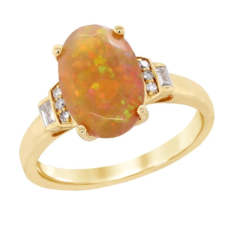 Modern Diamond Rings For Engagement-YELLOW GOLD FASHION RING WITH OVAL OPAL CENTER AND SIDE DIAMONDS, .12 CT TW