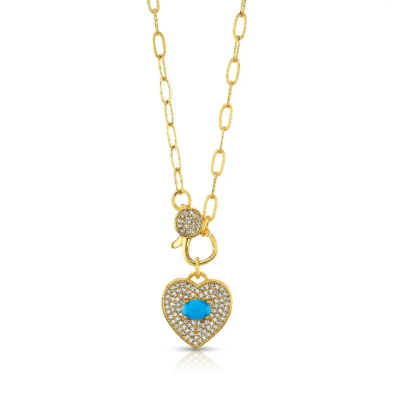 Simple Crystal Necklaces For Casual Look-HEART TURQUOISE CZ CLASP NECKLACE