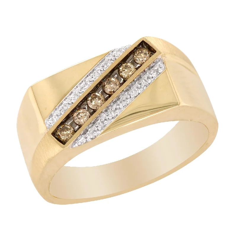 Elegant Solitaire Diamond Rings For Proposals-MEN'S YELLOW GOLD FASHION RING WITH 3 ROWS OF DIAMONDS, 1/4 CT TW