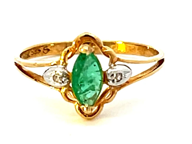 Stunning Gemstone Rings For Fashion Style-Marquise Emerald and Diamond Ring in 14k Yellow Gold