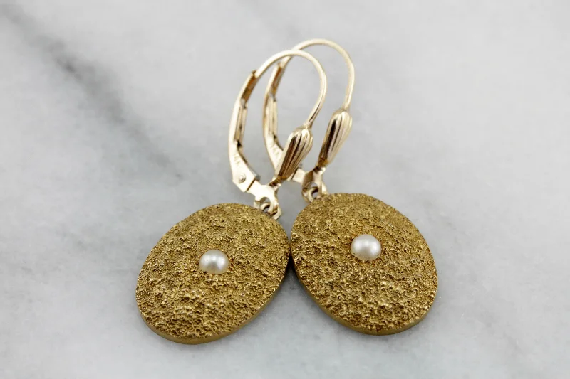 Trendy Earrings For Holiday Looks-Brushed Gold: High Karat Cufflink Conversion, Textured Gold & Pearl Drop Earrings