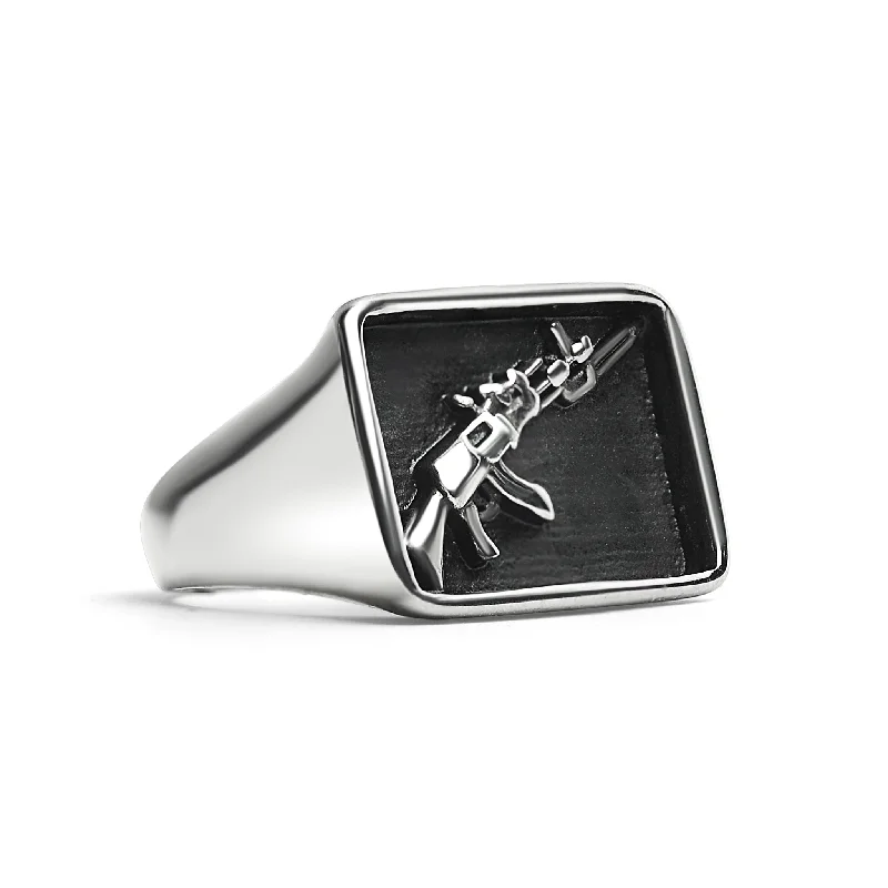 Luxury Gemstone Rings For Fashion Statements-Stainless Steel AK-47 Gun Signet Ring / SCR4078