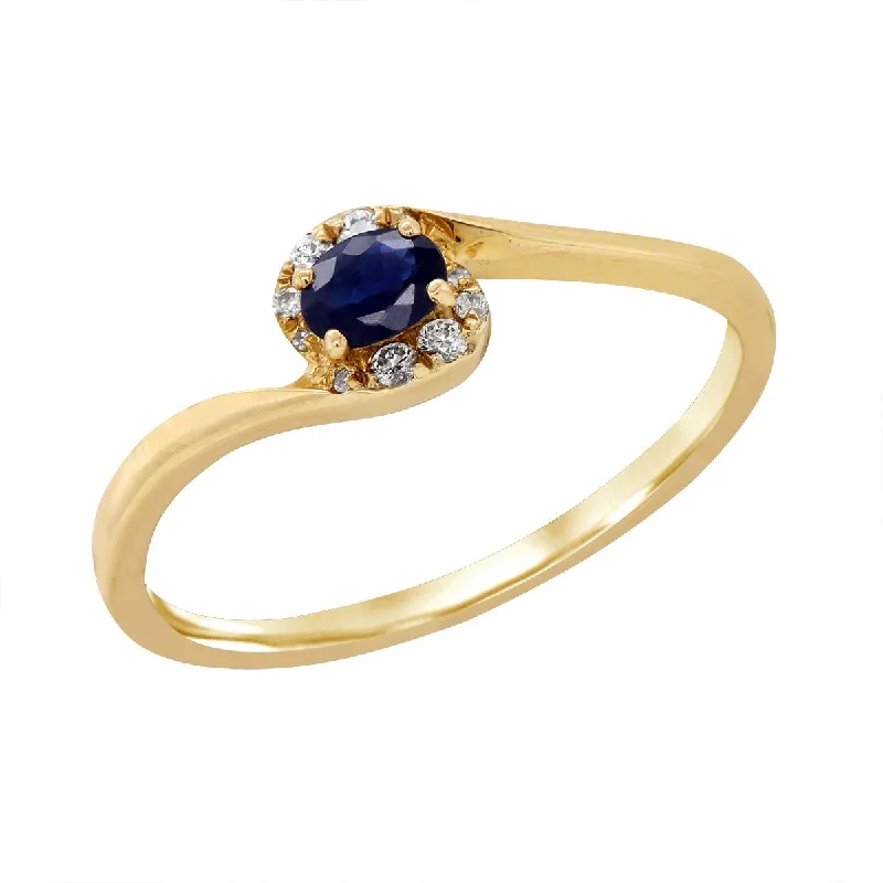 Vintage Diamond Rings For Collectors-PETITE YELLOW GOLD FASHION RING WITH OVAL SAPPHIRE AND ROUND DIAMONDS, .06 CT TW