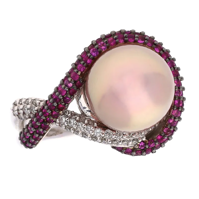 Modern Stackable Rings For Everyday Fashion-14K White Gold South Sea Cultured Pearl with Pink Sapphires and Diamonds Fashion Ring