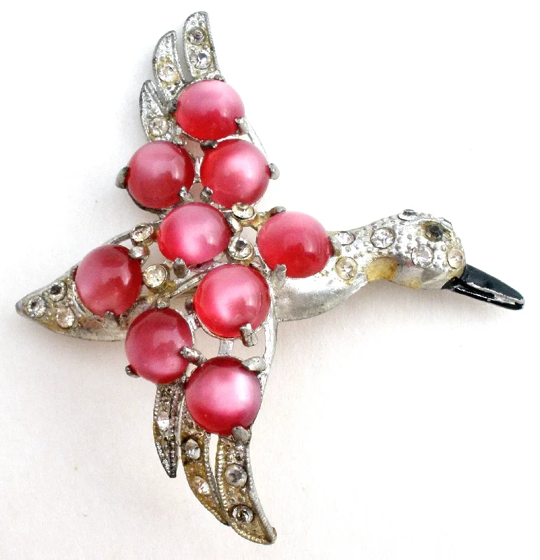 Simple Brooch For Formal Dresses-Pink Moonglow Bird Brooch Vintage Pot Metal