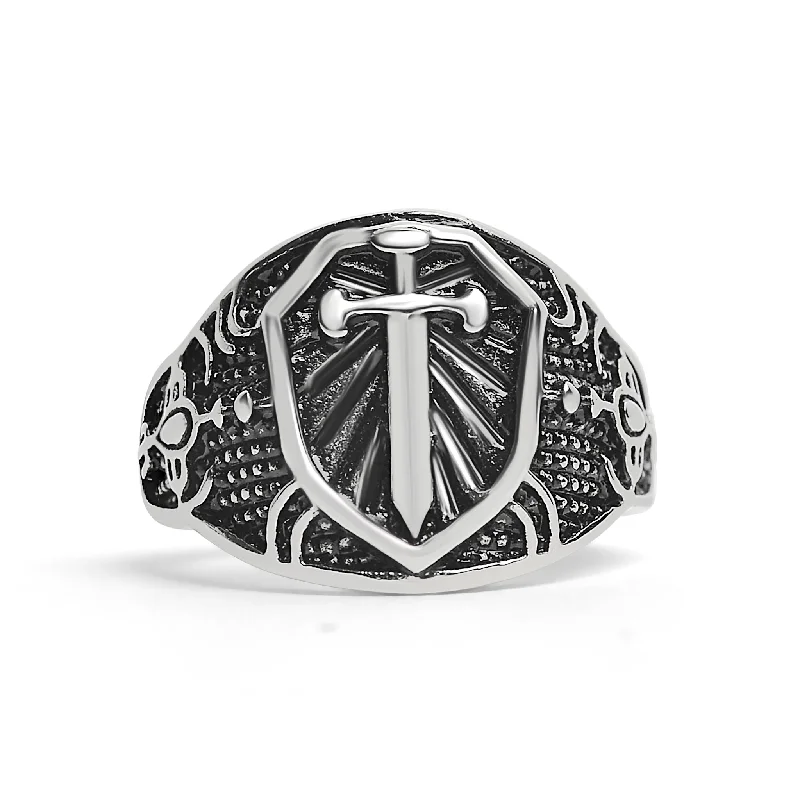 Bold Engagement Rings For Fashion Brides-Stainless Steel Medieval Sword and Shield Signet Ring / SCR2221