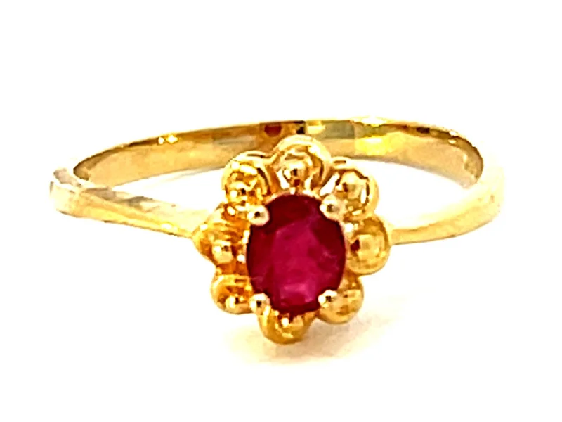 Modern Wedding Rings For Trendy Brides-Red Ruby Flower Ring in 14k Yellow Gold