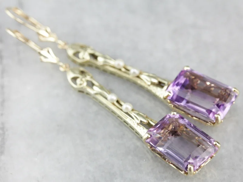 Custom Earrings For Wedding Gifts-Amethyst and Seed Pearl Filigree Drop Earrings